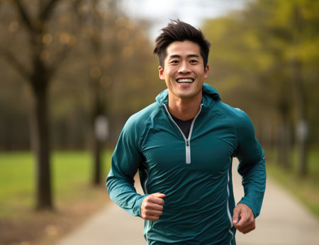 A young man on a morning jogの素材