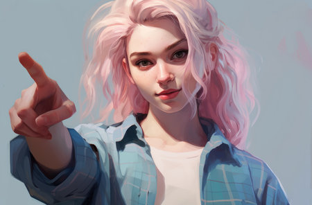 Beautiful young woman pointing her fingerの素材