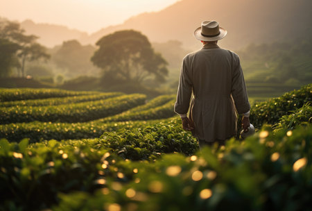 A man on a tea plantationの素材