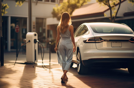 A girl charges an electric carの素材