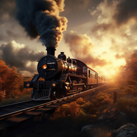 The steam train travels in the eveningの素材
