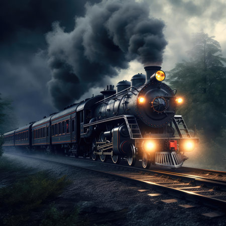 The steam train travels in the eveningの素材