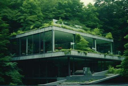 Lots of green plants around the modern glass houseの素材