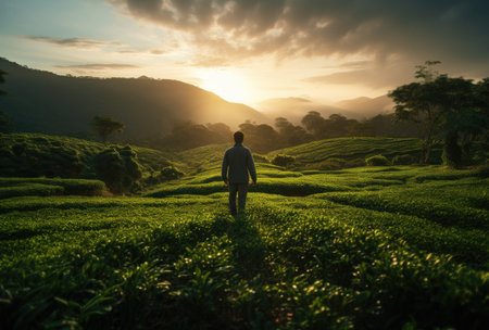 A man on a tea plantationの素材