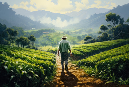 A man on a tea plantationの素材