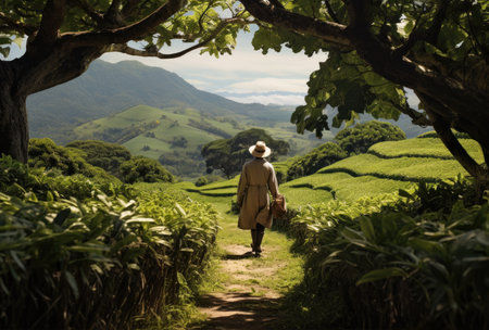 A man on a tea plantationの素材
