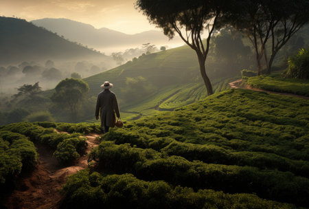 A man on a tea plantationの素材