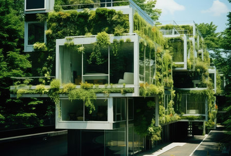 Lots of green plants around the modern glass houseの素材
