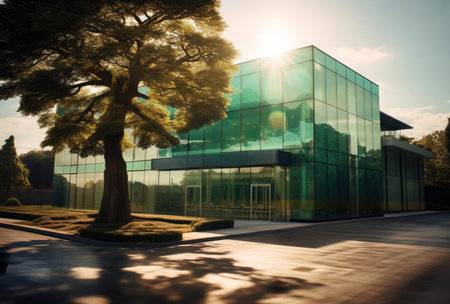 Lots of green plants around the modern glass houseの素材