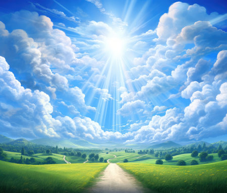 Rural road through a green fieldの素材