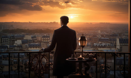 A businessman looks at the city and the sunrise from a heightの素材