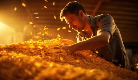 A man in a field and a big pile of grainの素材