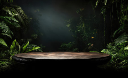 Wooden blank surface on the background of dark plantsの素材