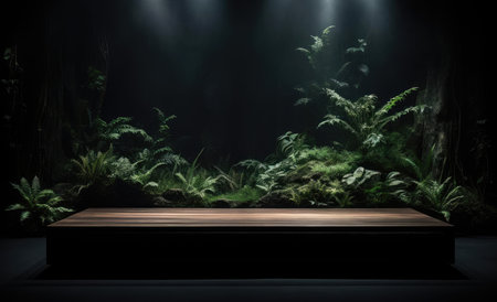 Wooden blank surface on the background of dark plantsの素材