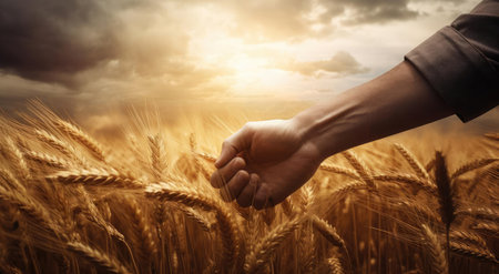 A mans hand holds spikelets of grainの素材