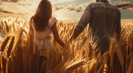 A man and a woman walk through a field of wheatの素材