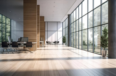 Office interior with desks and computersの素材