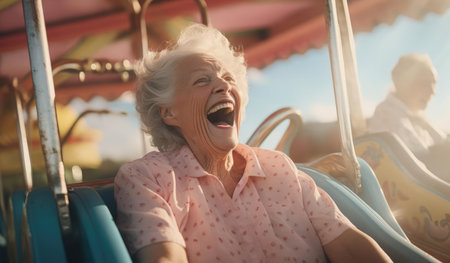 Joyful elderly woman riding in an amusement parkの素材