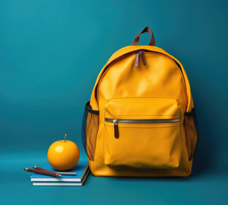School backpack with books and notebooksの素材