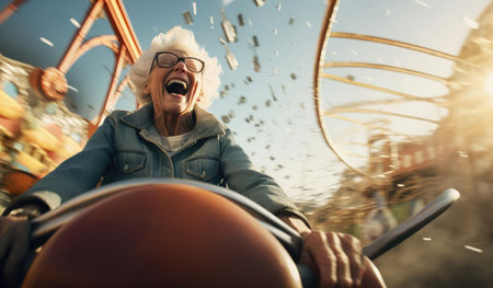 Joyful elderly woman riding in an amusement parkの素材