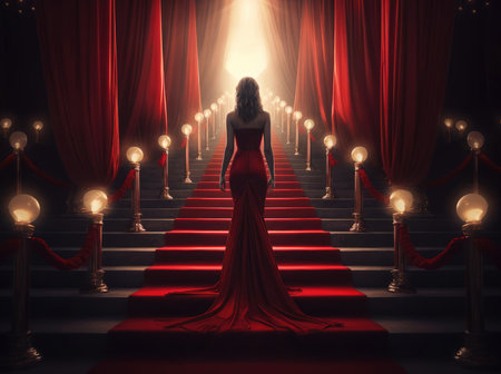 Young woman walking on red carpetの素材
