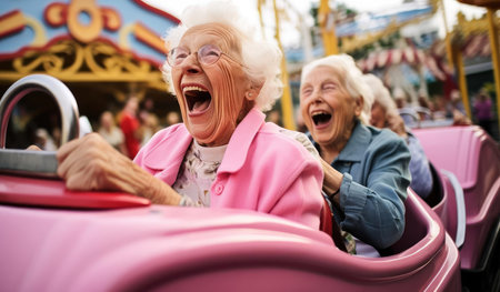 Joyful elderly woman riding in an amusement parkの素材