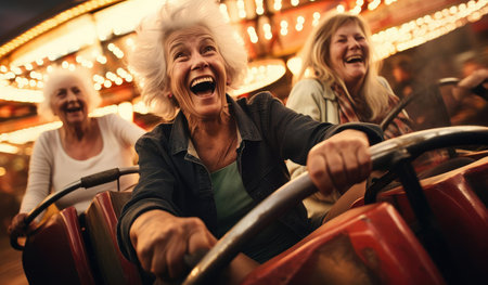 Joyful elderly woman riding in an amusement parkの素材