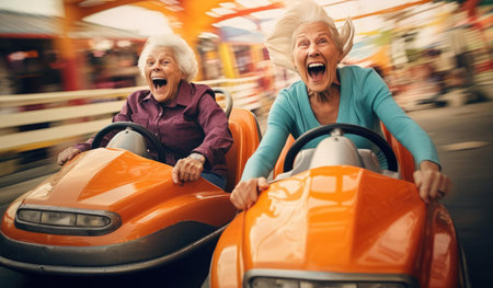 Joyful elderly woman riding in an amusement parkの素材
