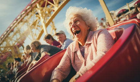 Joyful elderly woman riding in an amusement parkの素材