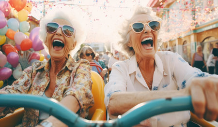 Joyful elderly woman riding in an amusement parkの素材