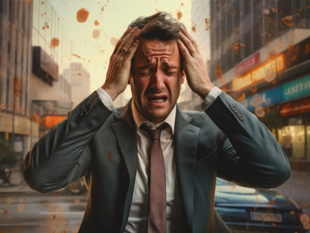 A middle-aged businessman touches his sore headの素材