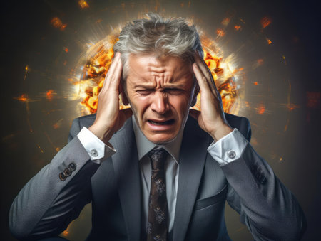 A middle-aged businessman touches his sore headの素材