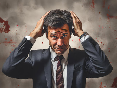 A middle-aged businessman touches his sore headの素材