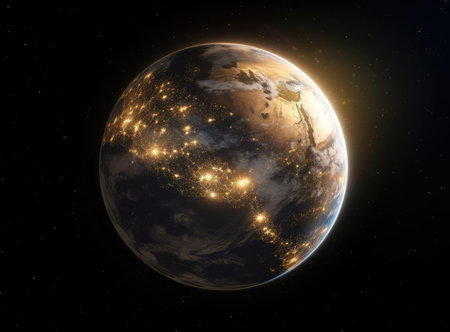 The sun appears from behind the planet Earthの素材