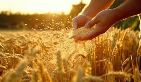 A mans hand holds spikelets of grainの素材