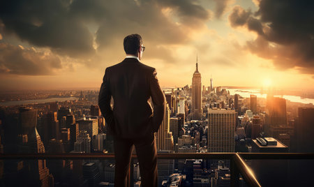 A businessman looks at the city and the sunrise from a heightの素材