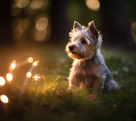 Small domestic dog on the grassの素材
