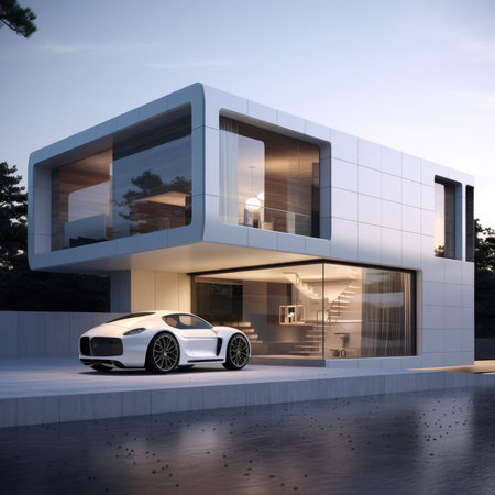 A car next to a modern country houseの素材