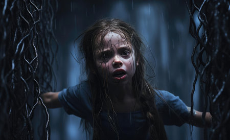 Frightened girl on dark backgroundの素材