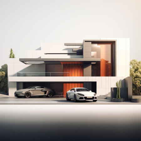 A car next to a modern country houseの素材
