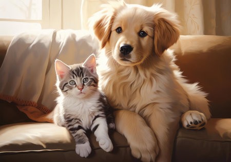 Cat and dog lying on the couchの素材