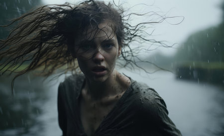 Frightened girl on dark backgroundの素材