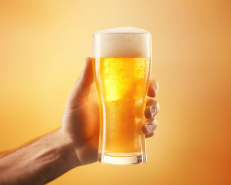 A mans hand holds a glass glass of beerの素材
