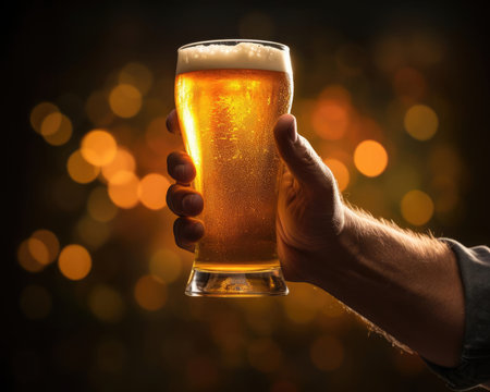 A mans hand holds a glass glass of beerの素材
