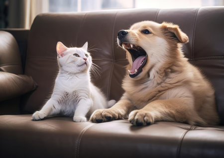 Cat and dog lying on the couchの素材