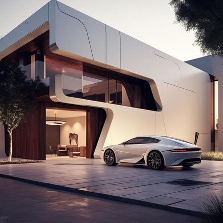 A car next to a modern country houseの素材