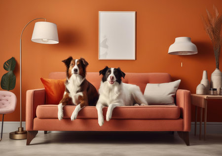 Two dogs is lying on the couchの素材