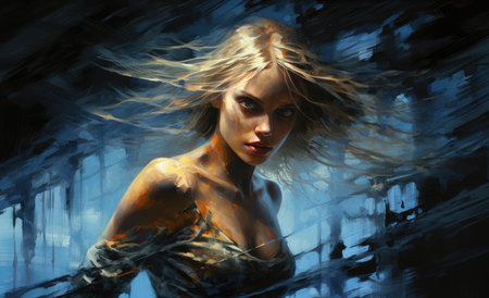 Frightened girl on dark backgroundの素材