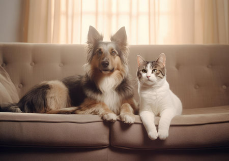 Cat and dog lying on the couchの素材