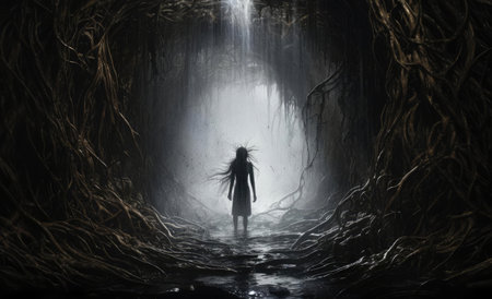 Frightened girl on dark backgroundの素材